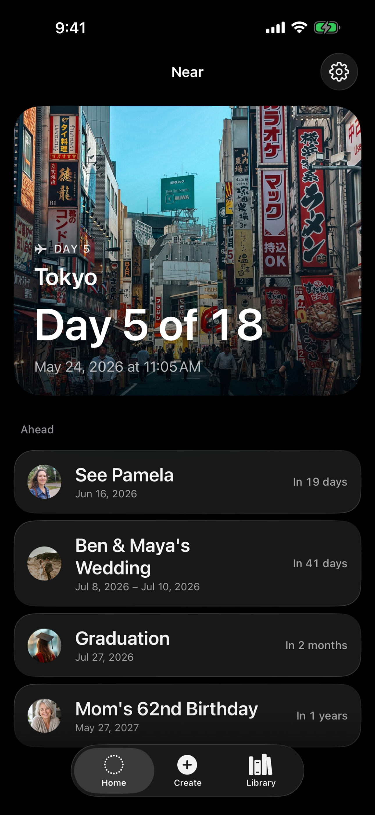 Near app home screen showing upcoming moments